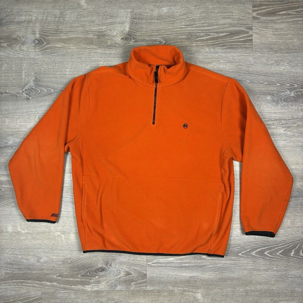 Nautica Competition Fleece Jacket Mens XLarge Orange 1/4 Zip Pullover N Logo